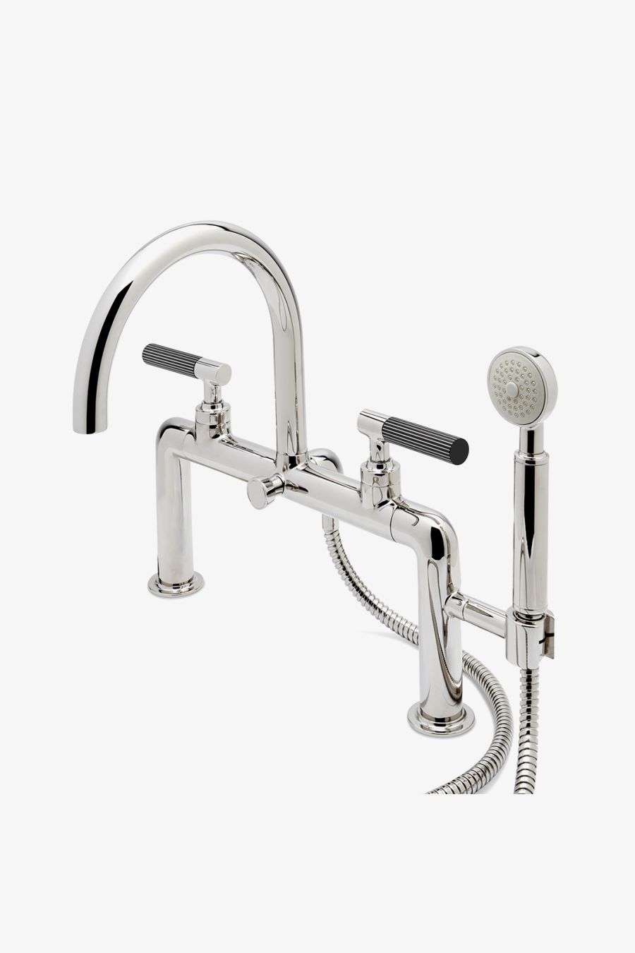 Bond Union Series Deck Mounted Exposed Tub Filler with Handshower and Guilloche Pinstripe Lever Handles