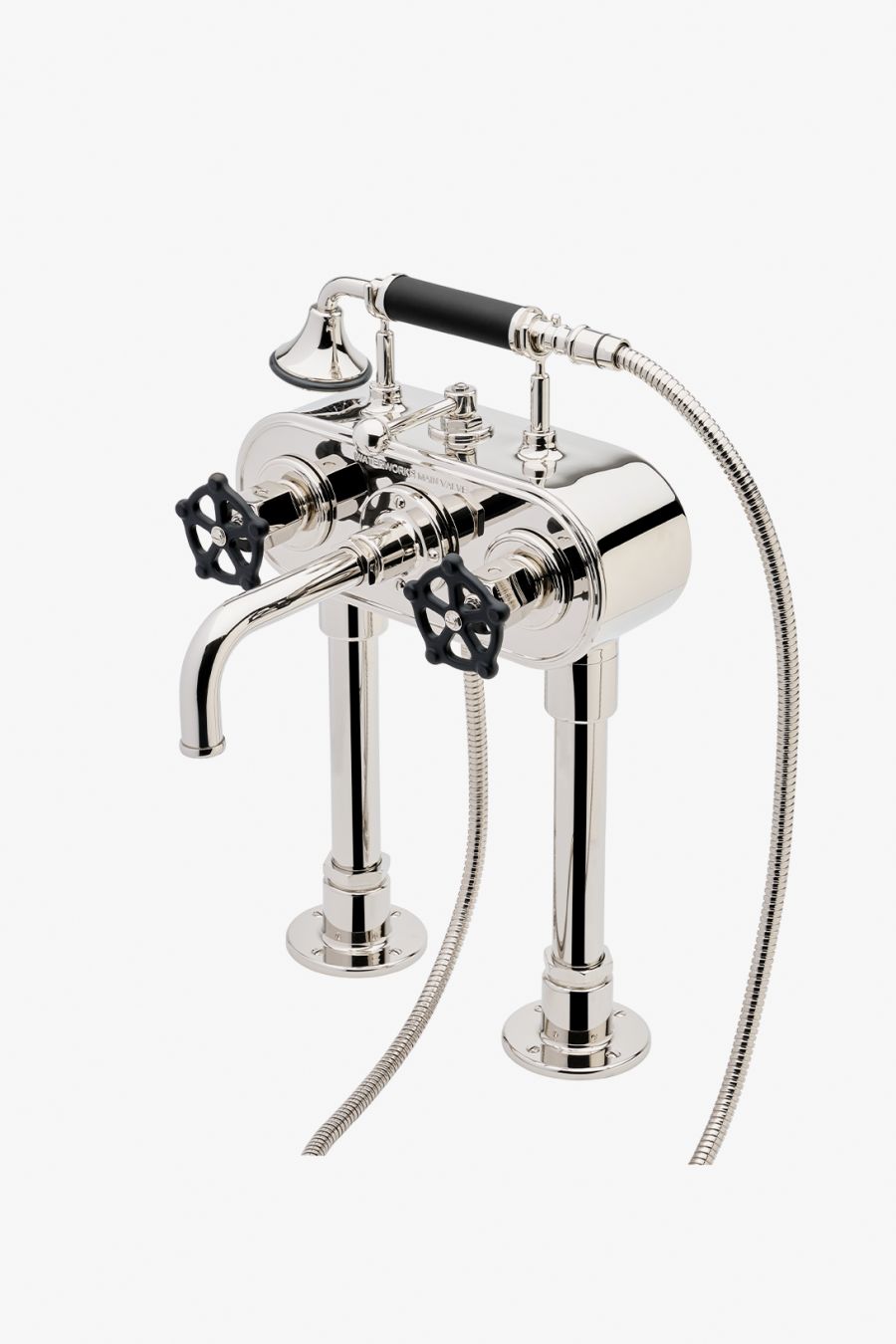 Regulator Exposed Deck Mounted Tub Filler with Handshower and Two-Tone Wheel Handles (Less Unions) in Nickel/Matte Black, 1.75 gpm (6.6 L/min)