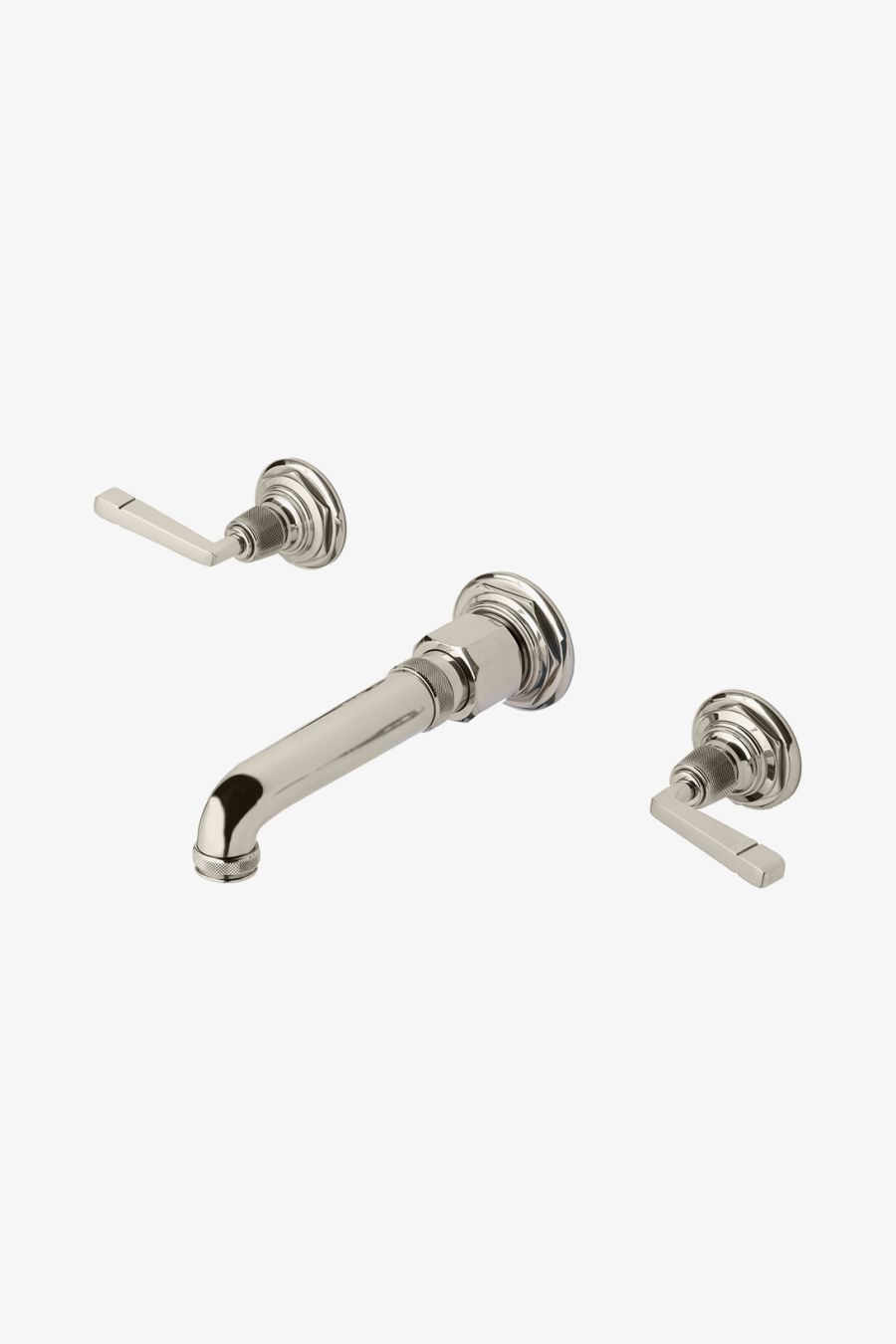 R.W. Atlas Low Profile Three Hole Wall Mounted Lavatory Faucet with Metal Lever Handles