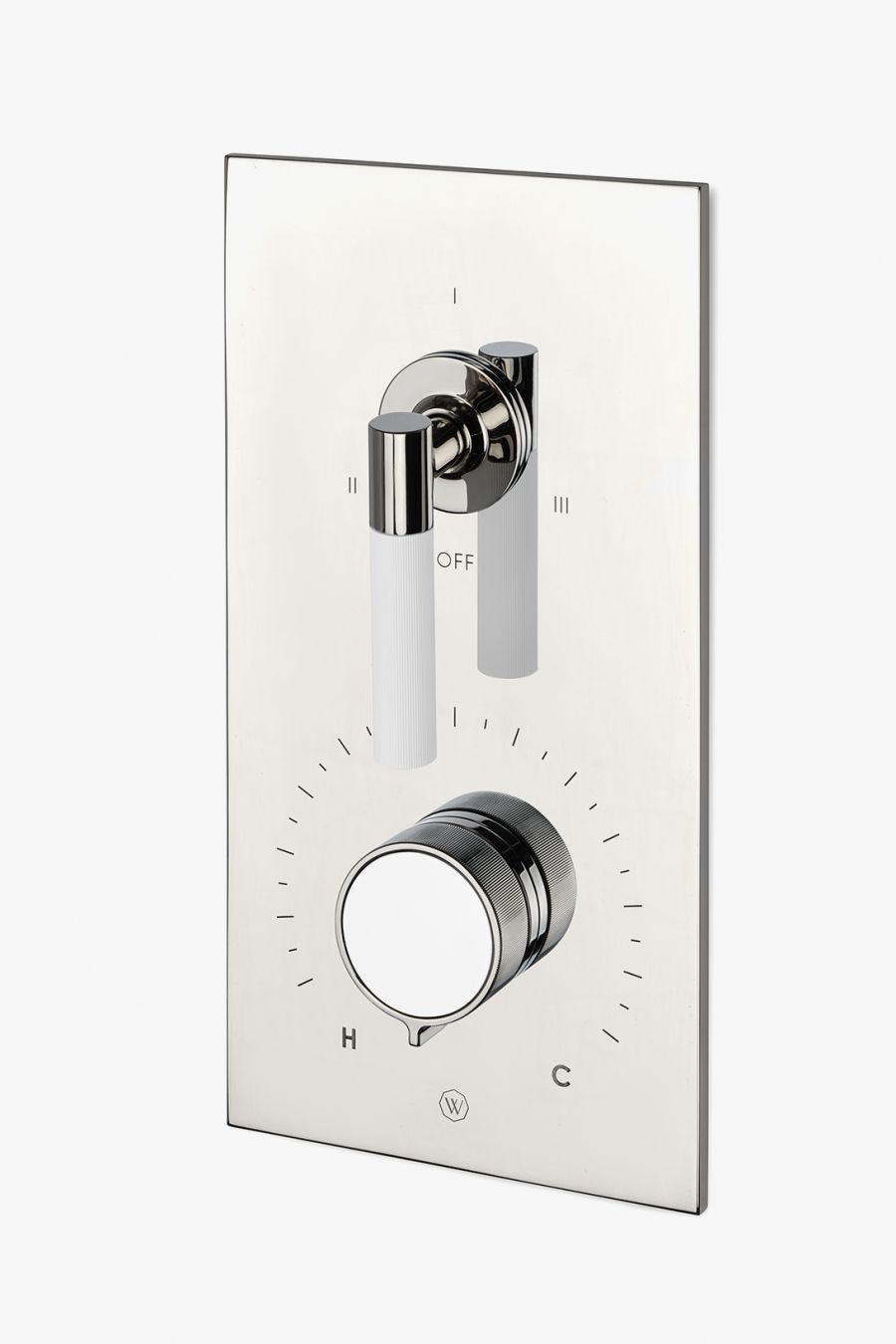 Bond Union Series Integrated Thermostatic and Three Way Diverter Trim with Enamel Guilloche Lines Knob and Lever Handles