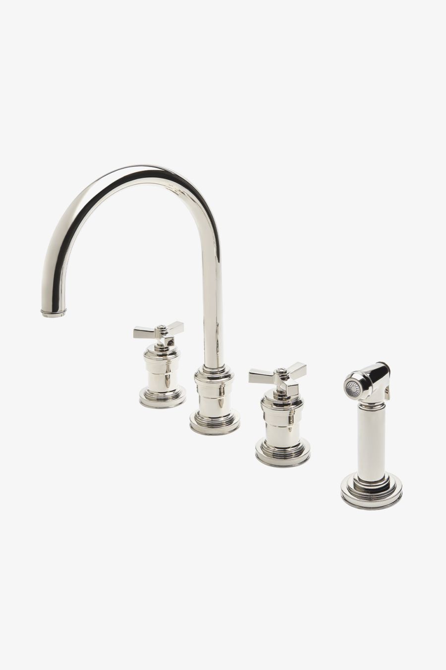 Aero Three Hole Gooseneck Kitchen Faucet with Elevated Metal Cross Handles and Spray