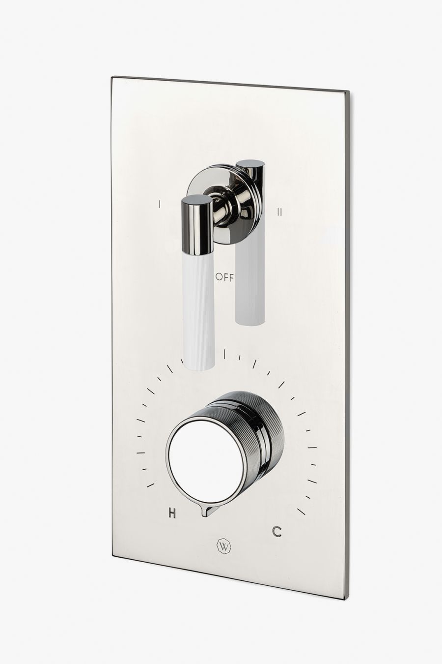 Bond Union Series Integrated Thermostatic and Two Way Diverter Trim with Enamel Guilloche Lines Knob and Lever Handles