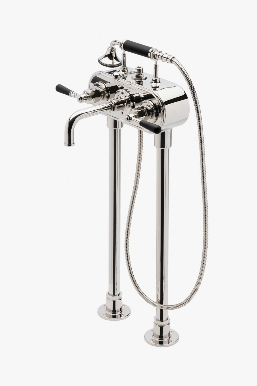 Regulator Exposed Floor Mounted Tub Filler with Handshower and Two-Tone Lever Handles (Less Unions)