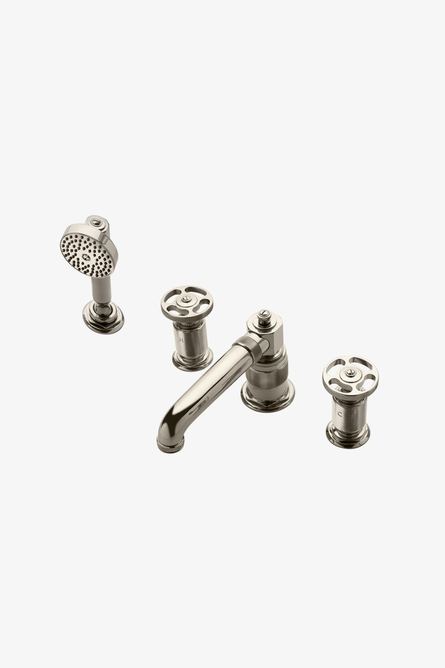 R.W. Atlas Deck Mounted Low Profile Concealed Tub Filler with Metal Handshower and Metal Wheel Handles