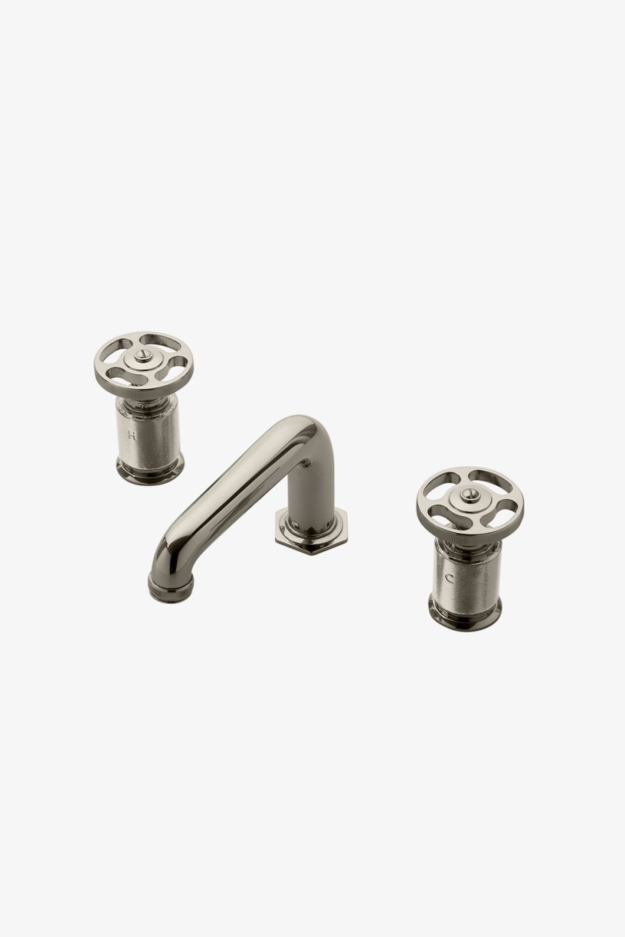 R.W. Atlas Low Profile Three Hole Deck Mounted Lavatory Faucet with Metal Wheel Handles