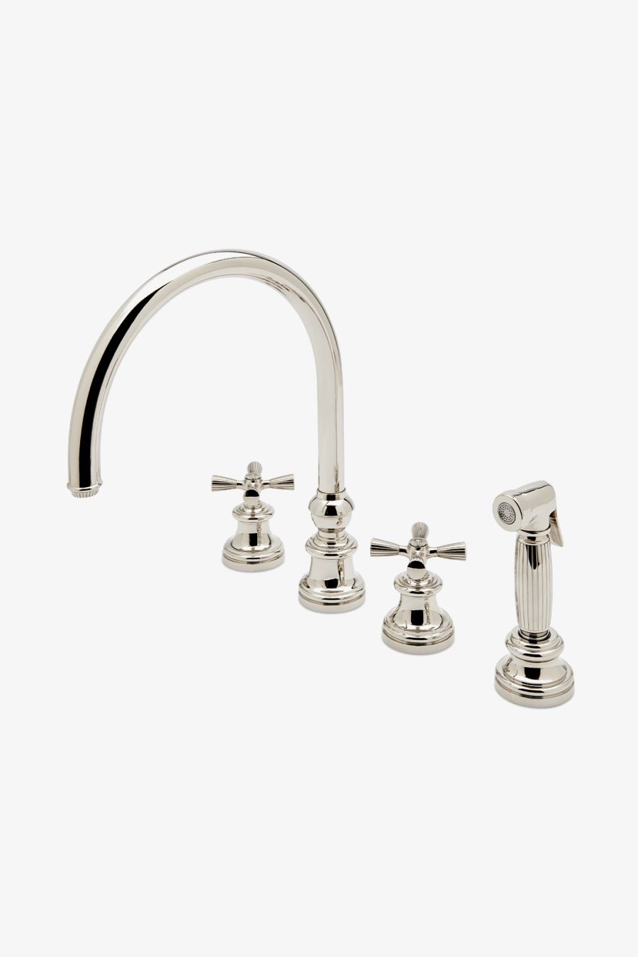 Foro Three Hole Gooseneck Kitchen Faucet, Metal Cross Handles and Spray