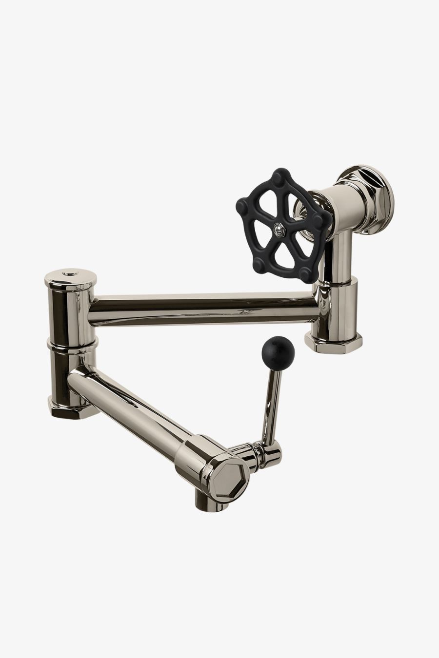 Regulator Wall Mounted Articulated Pot Filler, Black Wheel and Lever Handles