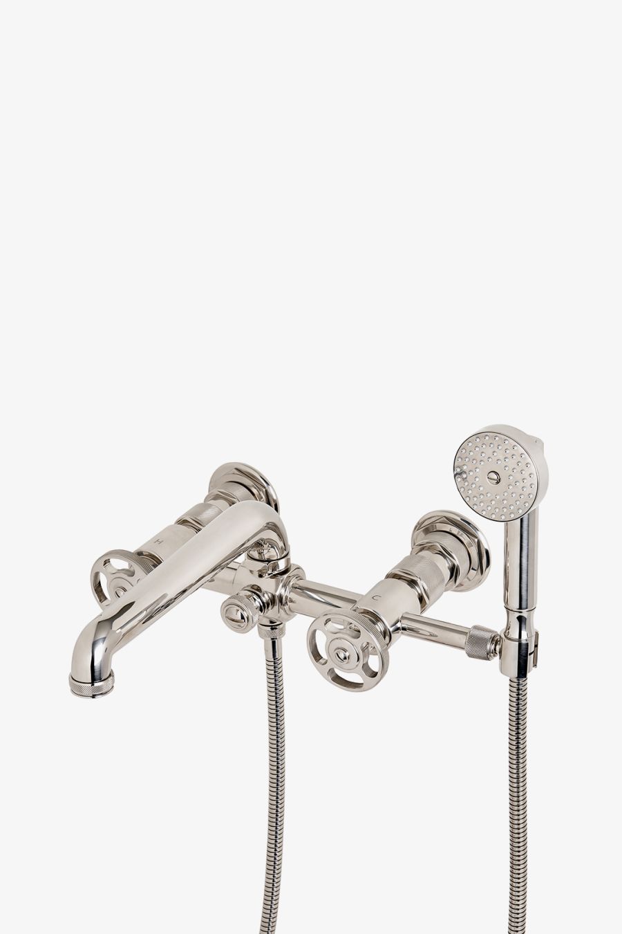 R.W. Atlas Exposed Wall Mounted Tub Filler with Handshower and Wheel Handles