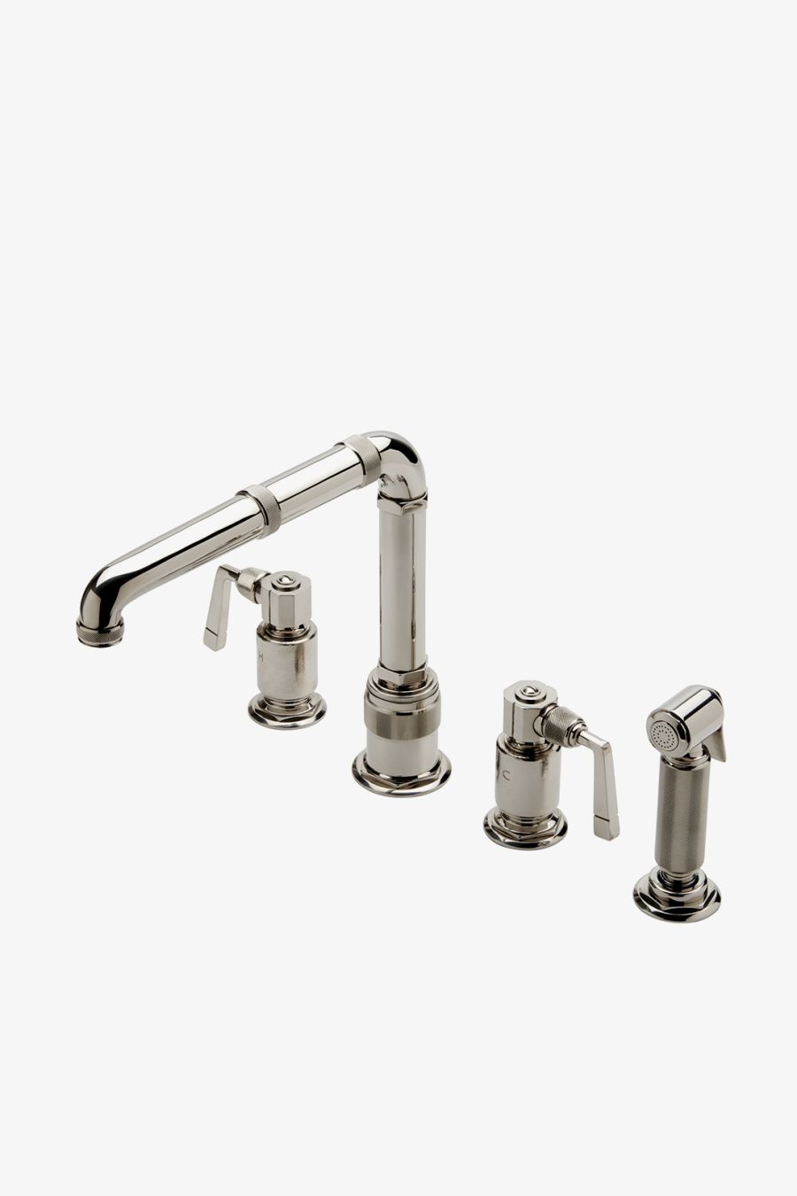 R.W. Atlas Three Hole High Profile Kitchen Faucet with Metal Side Mount Lever Handles and Spray