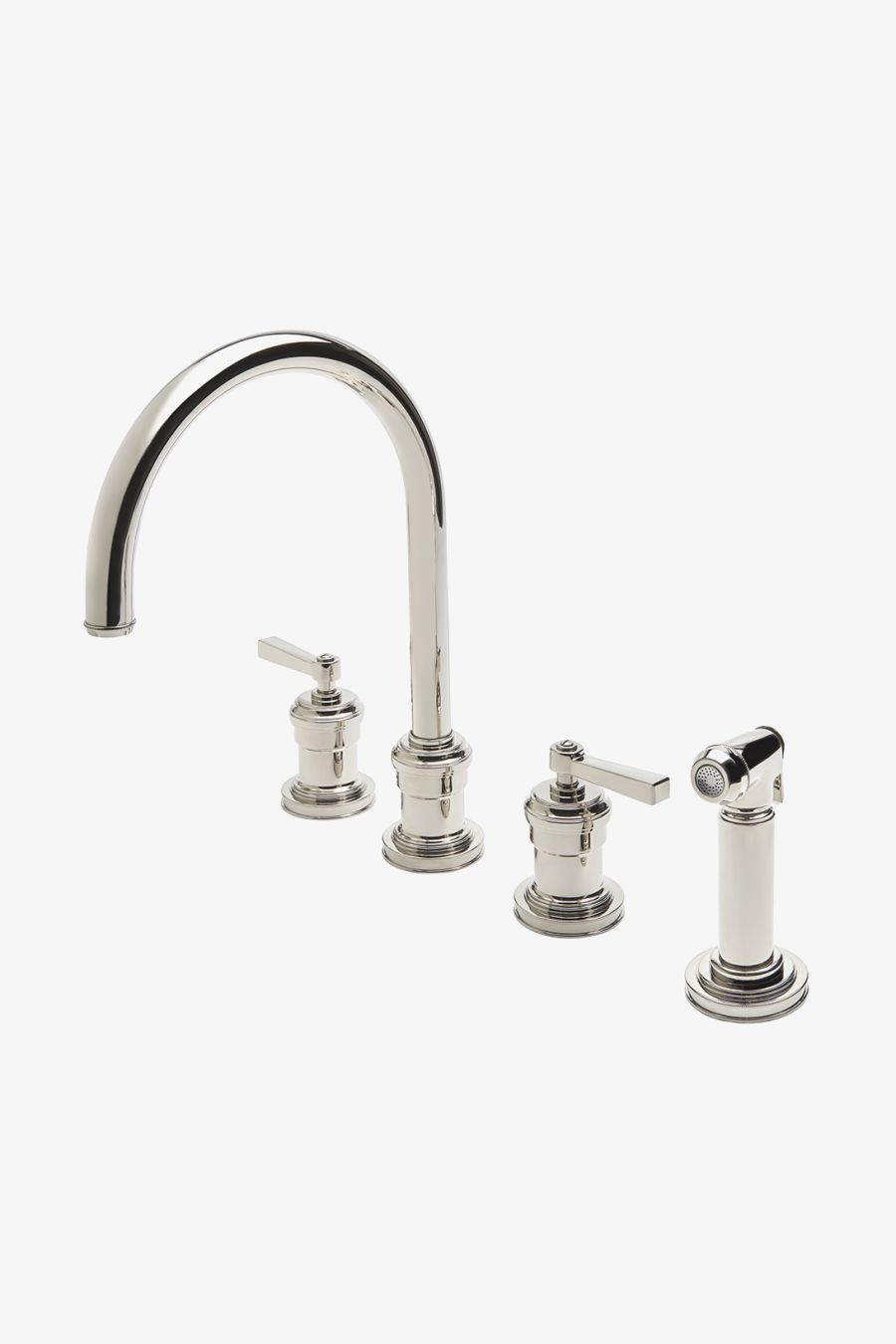 Aero Three Hole Gooseneck Kitchen Faucet with Elevated Metal Lever Handles and Spray