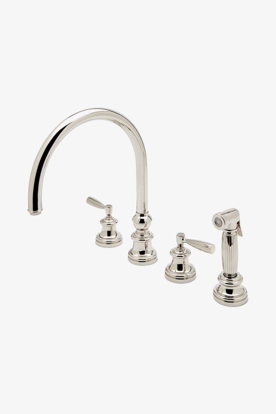 Foro Three Hole Gooseneck Kitchen Faucet, Metal Lever Handles and Spray
