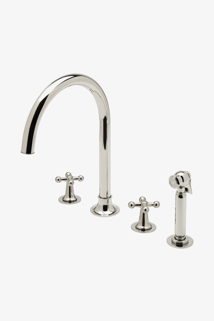 Dash Three Hole Gooseneck Kitchen Faucet with Metal Cross Handles and Spray
